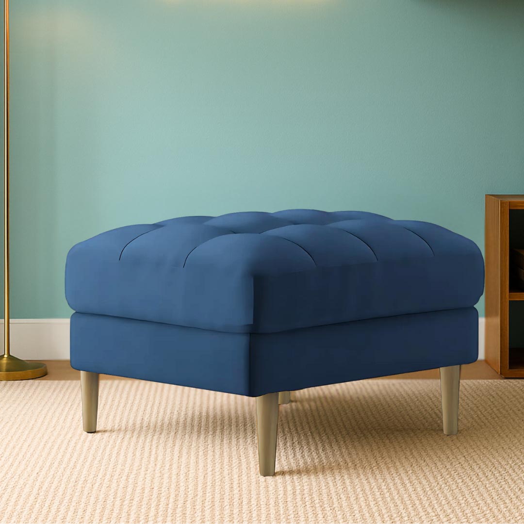 Loft Teak Wood Ottoman Stool (Cyan Blue) lifestyle view