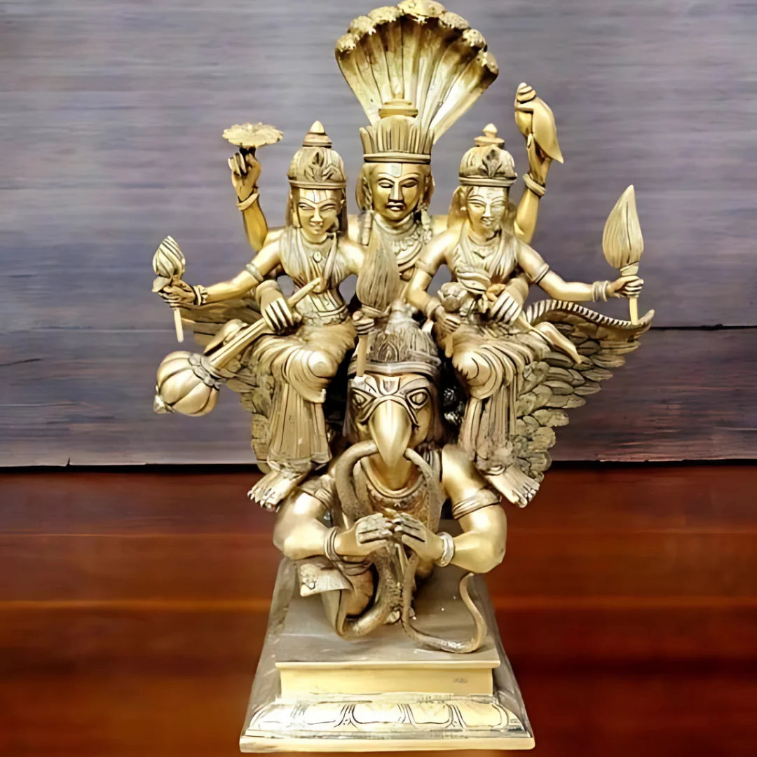 Lord Vishnu with Goddess Lakshmi, Saraswati, and Lord Garuda Brass Idol 2