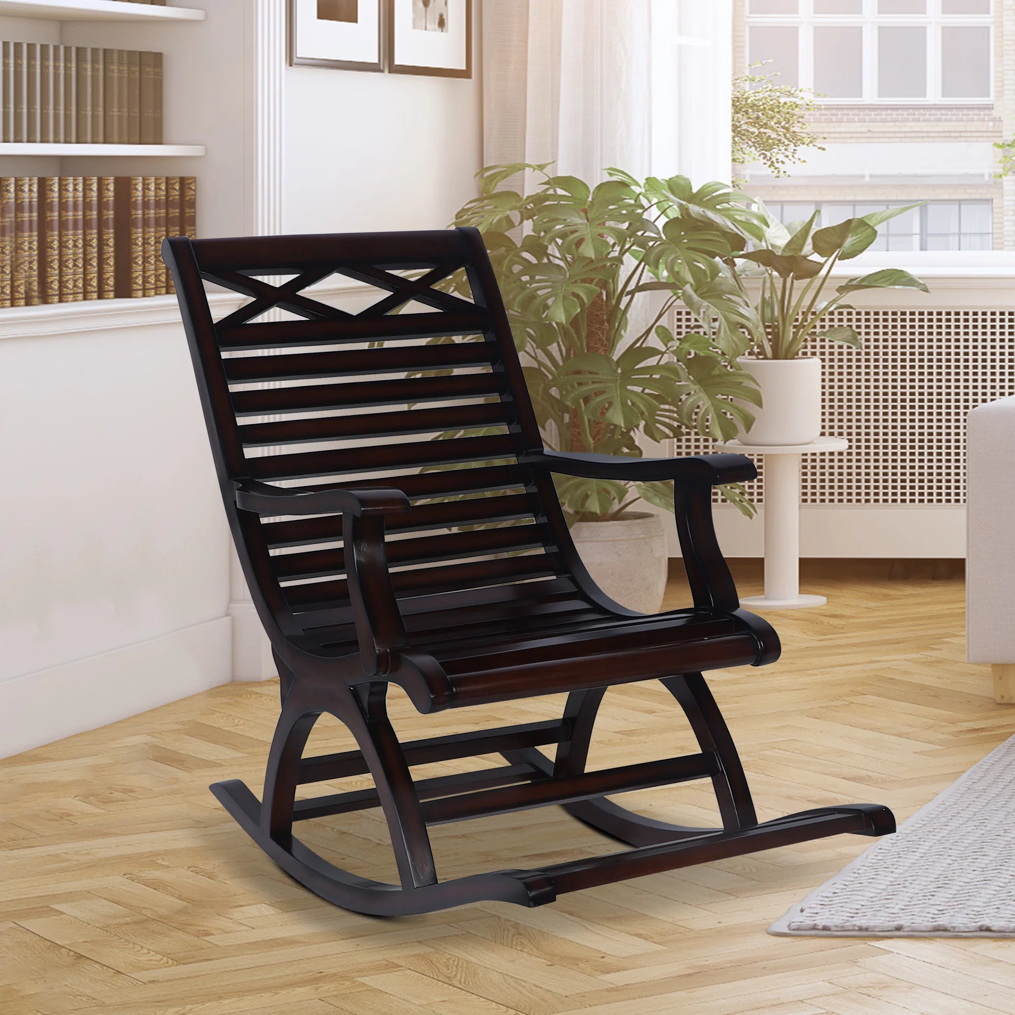 Mince Teak Wood Rocking Chair lifestyle view