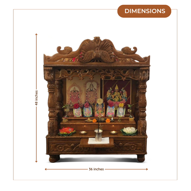 Nakshi Teak Wood Mandir (Brown) dimensions view image 