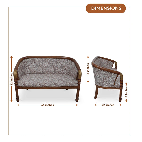 Nami Solid Wood Love Sofa (Teak Gold) dimensions view 