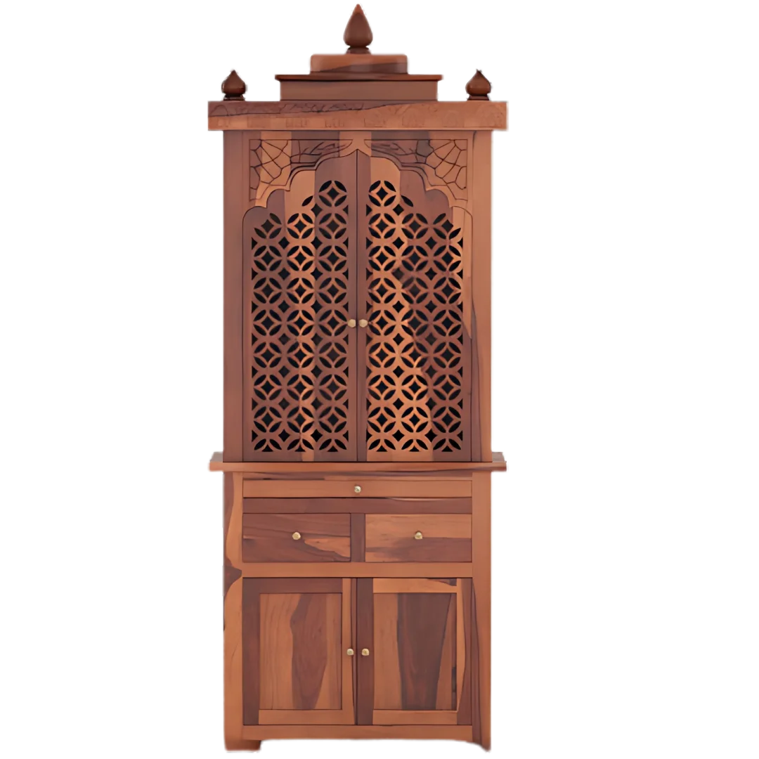 Namrah Teak Wood Pooja Mandap with Door (Teak) Front View