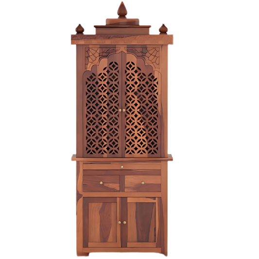 Namrah Teak Wood Pooja Mandap with Door (Teak) Front View