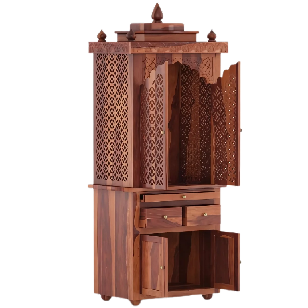 Namrah Teak Wood Pooja Mandap with Door (Teak) side view