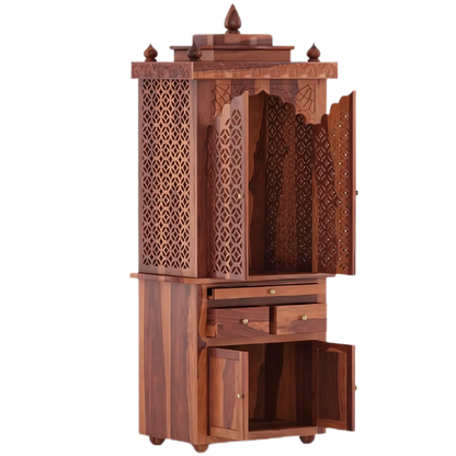 Namrah Teak Wood Pooja Mandap with Door (Teak) side view