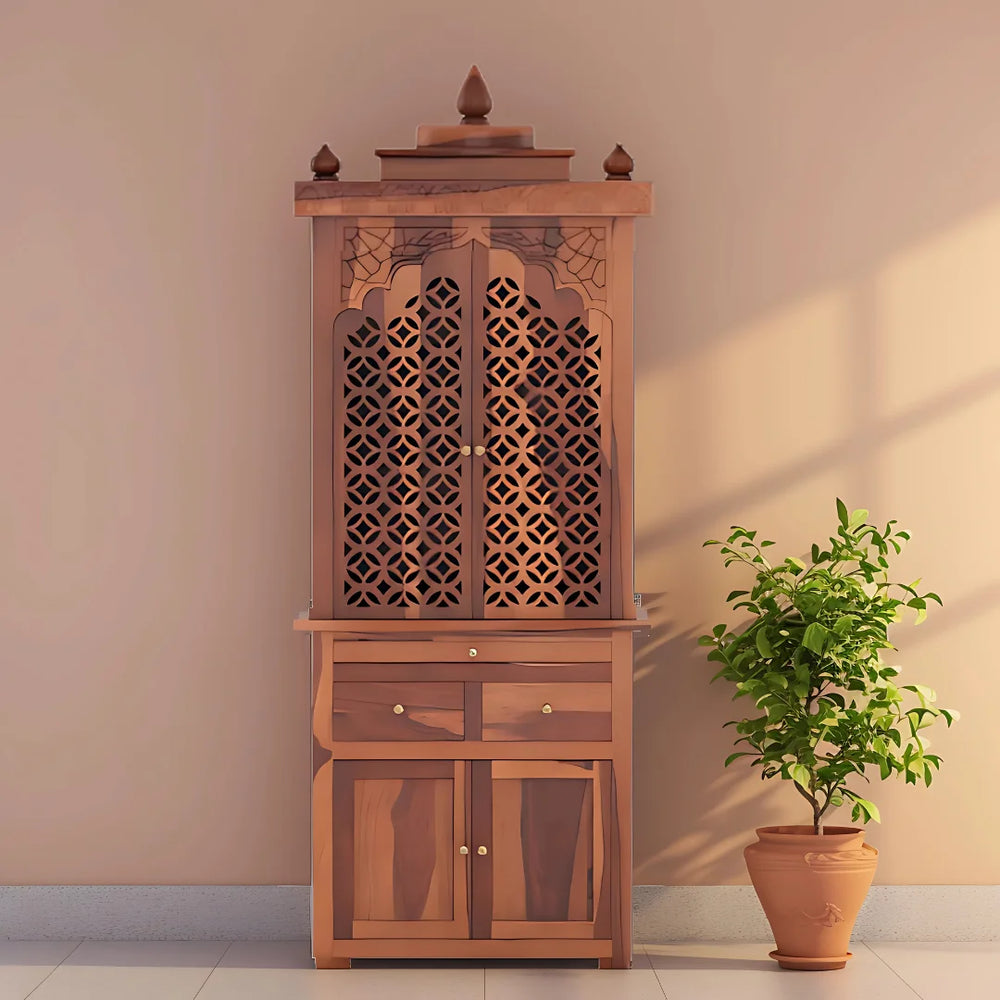 Namrah Teak Wood Pooja Mandap with Door (Teak) lifestyle view