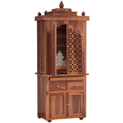 Namrah Teak Wood Pooja Mandap with Door (Teak) side angle
