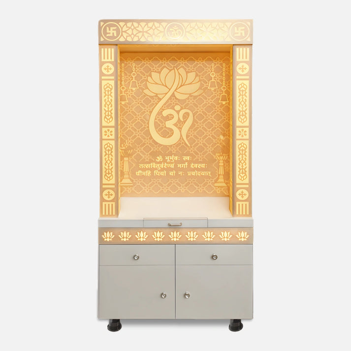 Omkamal Wooden Corian Mandir- White