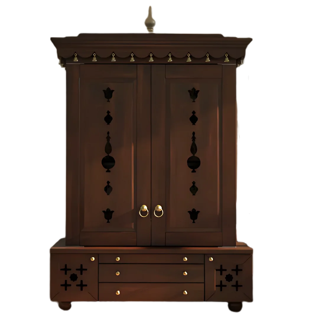 Omkaram Teak Wood Pooja Mandap with Door (Brown) Front View