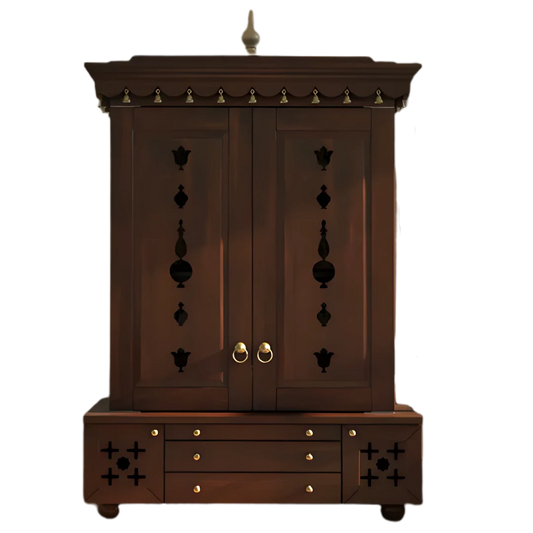 Omkaram Teak Wood Pooja Mandap with Door (Brown) Front View