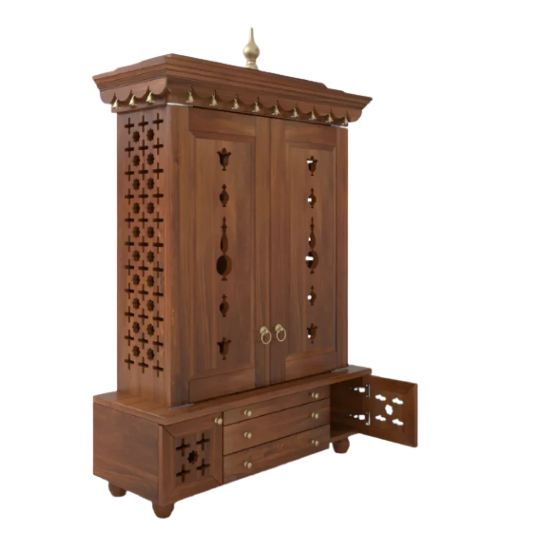 Omkaram Teak Wood Pooja Mandap with Door (Teak) side angle