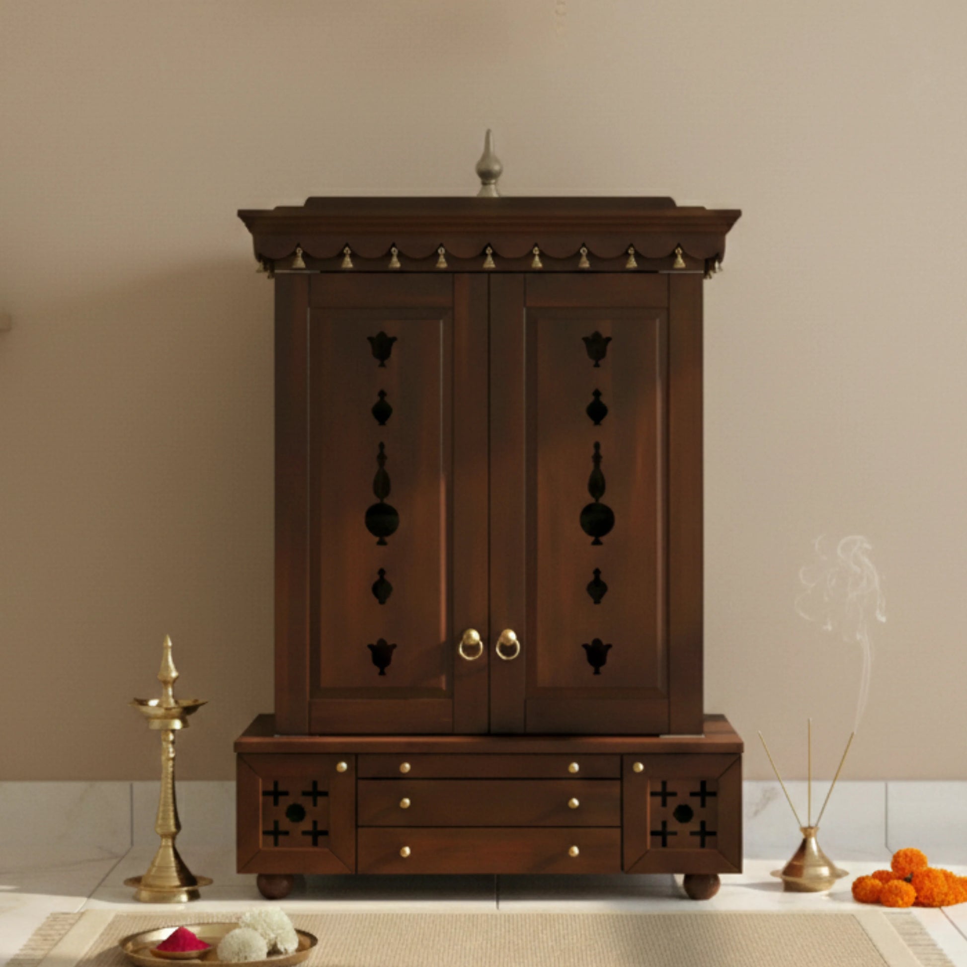 Omkaram Teak Wood Pooja Mandap with Door (Wenge) lifestyle image