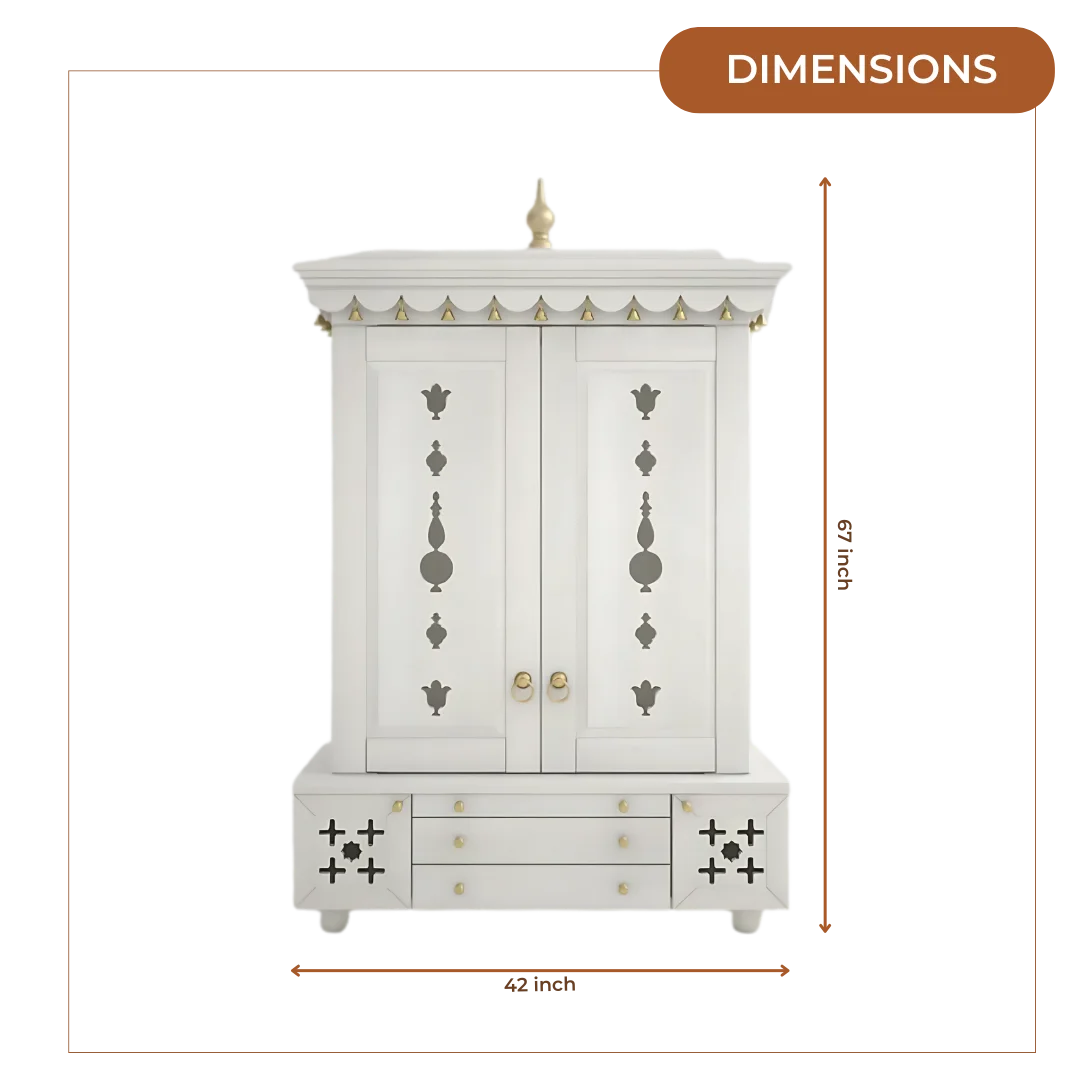Omkaram Teak Wood Pooja Mandap with Door (White) Dimensions 