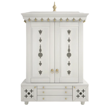 Omkaram Teak Wood Pooja Mandap with Door (White) Front View