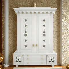 Omkaram Teak Wood Pooja Mandap with Door (White)