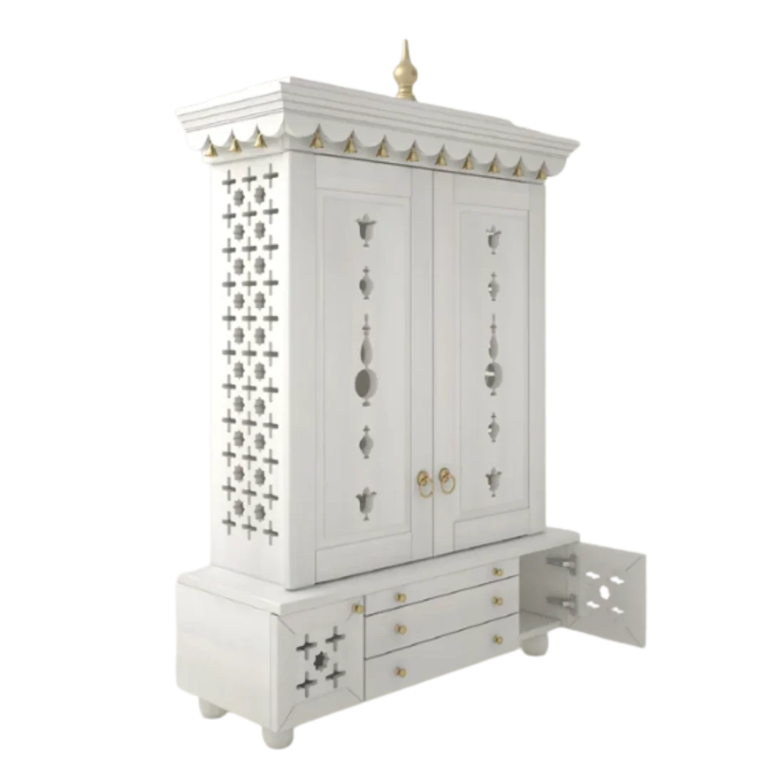 Omkaram Teak Wood Pooja Mandap with Door (White) side angle