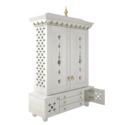 Omkaram Teak Wood Pooja Mandap with Door (White) side angle