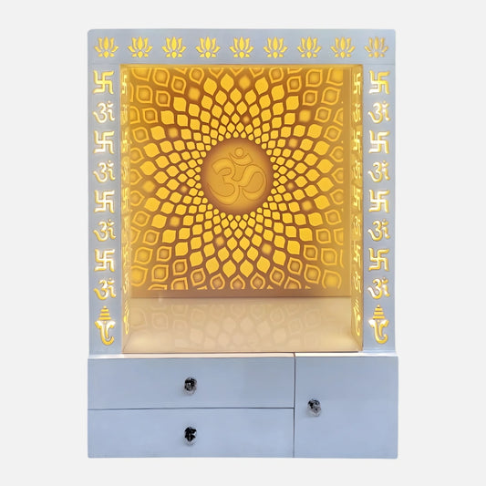 Ompatra Wooden Corian Mandir (White) front view 