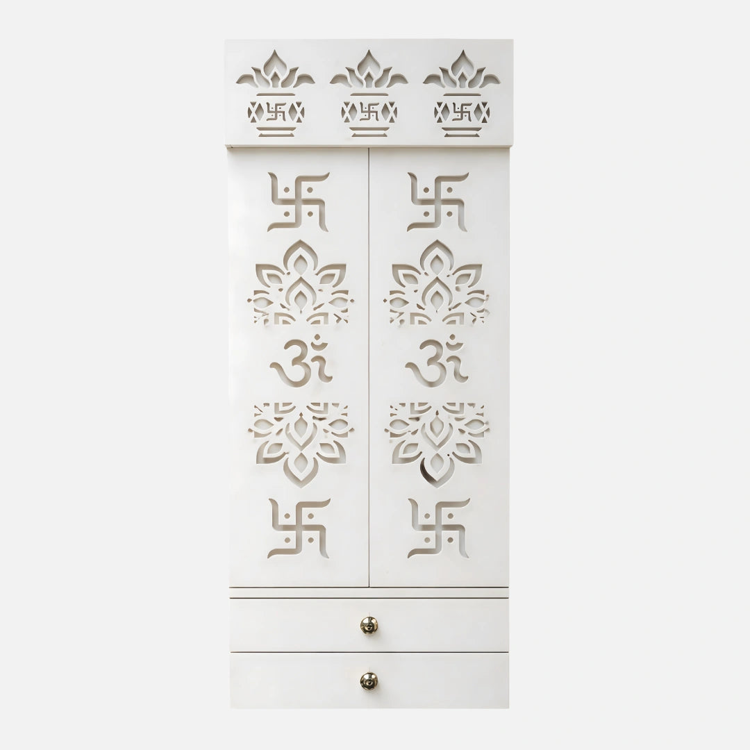 Omshri Wooden Corian Mandir (White) front view 