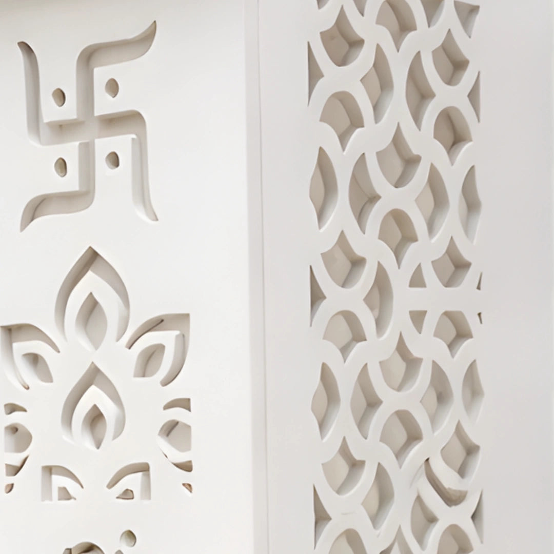 Omshri Wooden Corian Mandir (White) side jalli 
