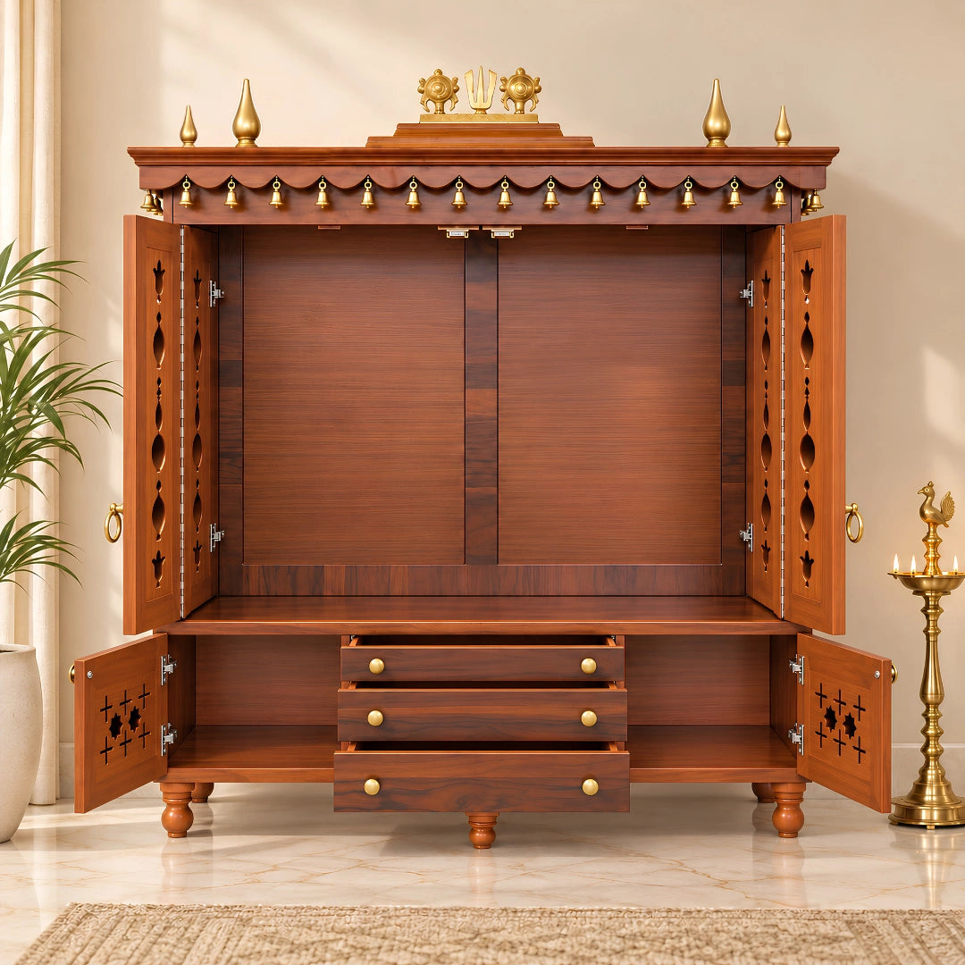 Divyasthal Teak Wood Pooja Mandap with Door (Teak) Open View
