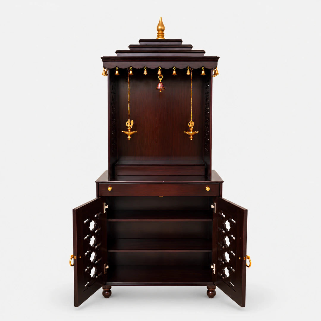 Shikharam Teak Wood Pooja Mandap (Brown) Open Doors