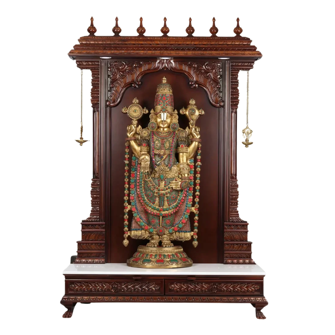 Param Teak Wood Mandap (Brown) front view with idol 