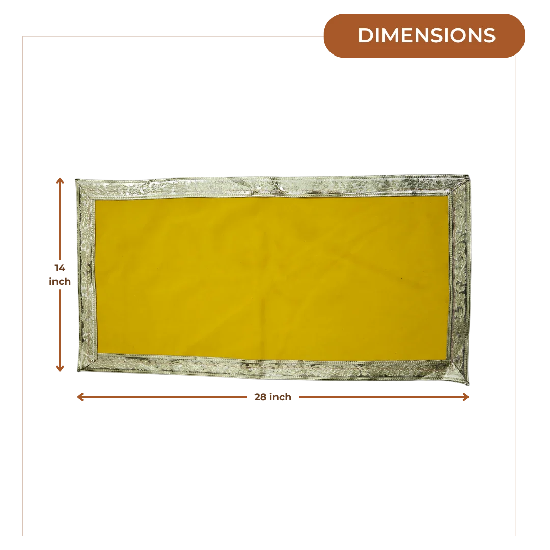 Plain Yellow Velvet Pooja Aasan with Silver Floral Border – 14x28 Inch dimensions 