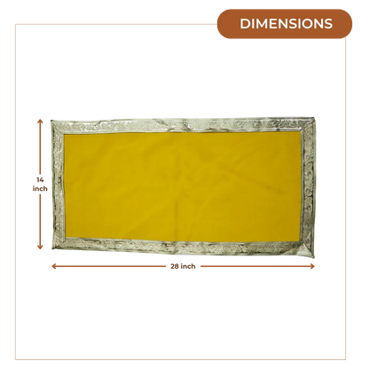 Plain Yellow Velvet Pooja Aasan with Silver Floral Border – 14x28 Inch dimensions 
