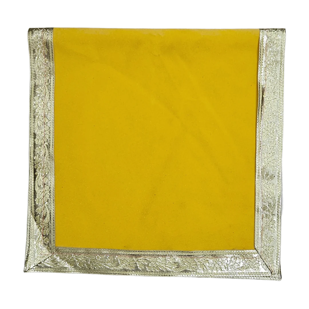 Plain Yellow Velvet Pooja Aasan with Silver Floral Border – 14x28 Inch fold  view