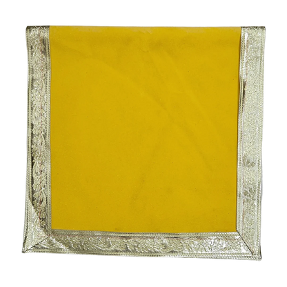 Plain Yellow Velvet Pooja Aasan with Silver Floral Border – 14x28 Inch fold  view