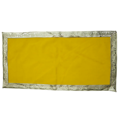 Plain Yellow Velvet Pooja Aasan with Silver Floral Border – 14x28 Inch top view