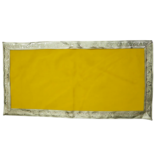 Plain Yellow Velvet Pooja Aasan with Silver Floral Border – 14x28 Inch top view