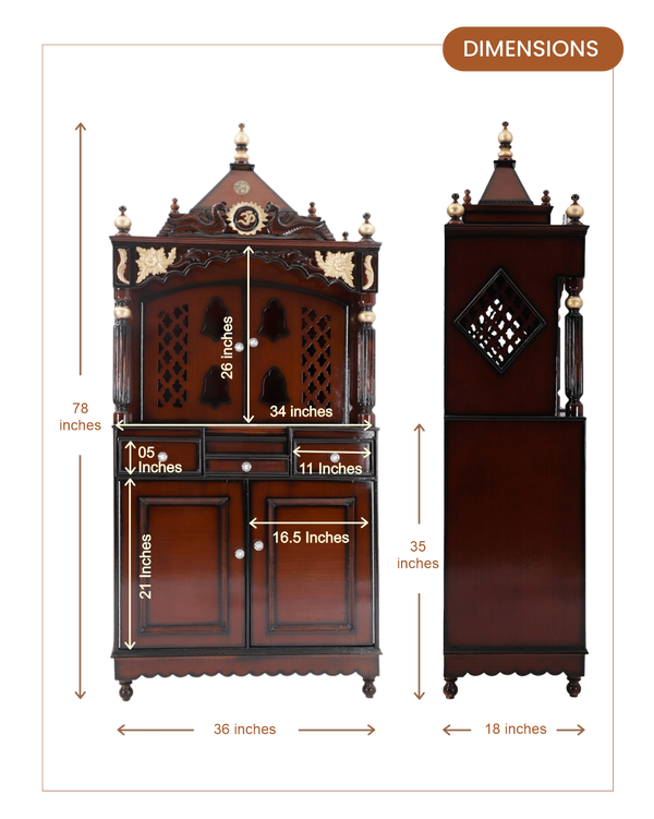 Pooja Graham Large Floor Rested Pooja Mandap with Door (Brown Gold) dimensions