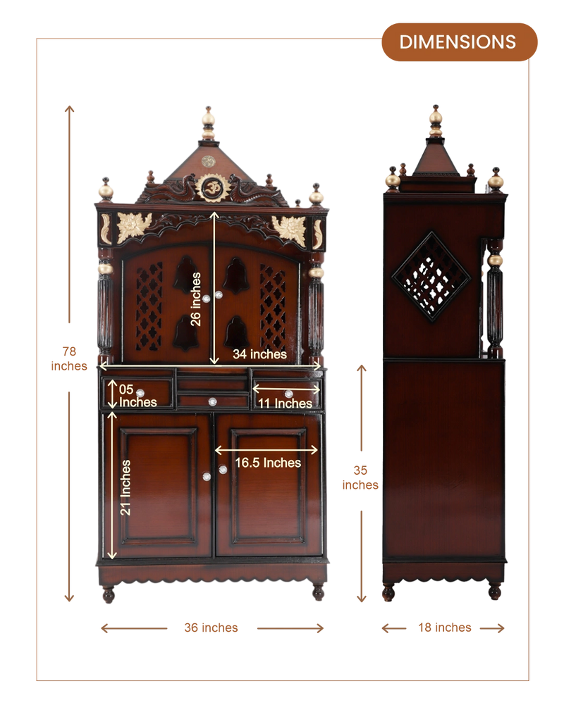 Pooja Graham Large Floor Rested Pooja Mandap with Door (Brown Gold) dimensions