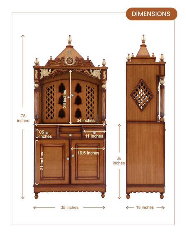 Pooja Graham Large Floor Rested Pooja Mandap with Door (Teak Gold) dimensions