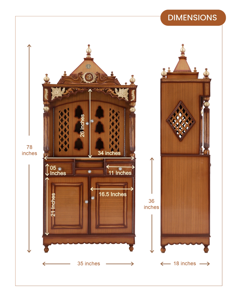 Pooja Graham Large Floor Rested Pooja Mandap with Door (Teak Gold) dimensions