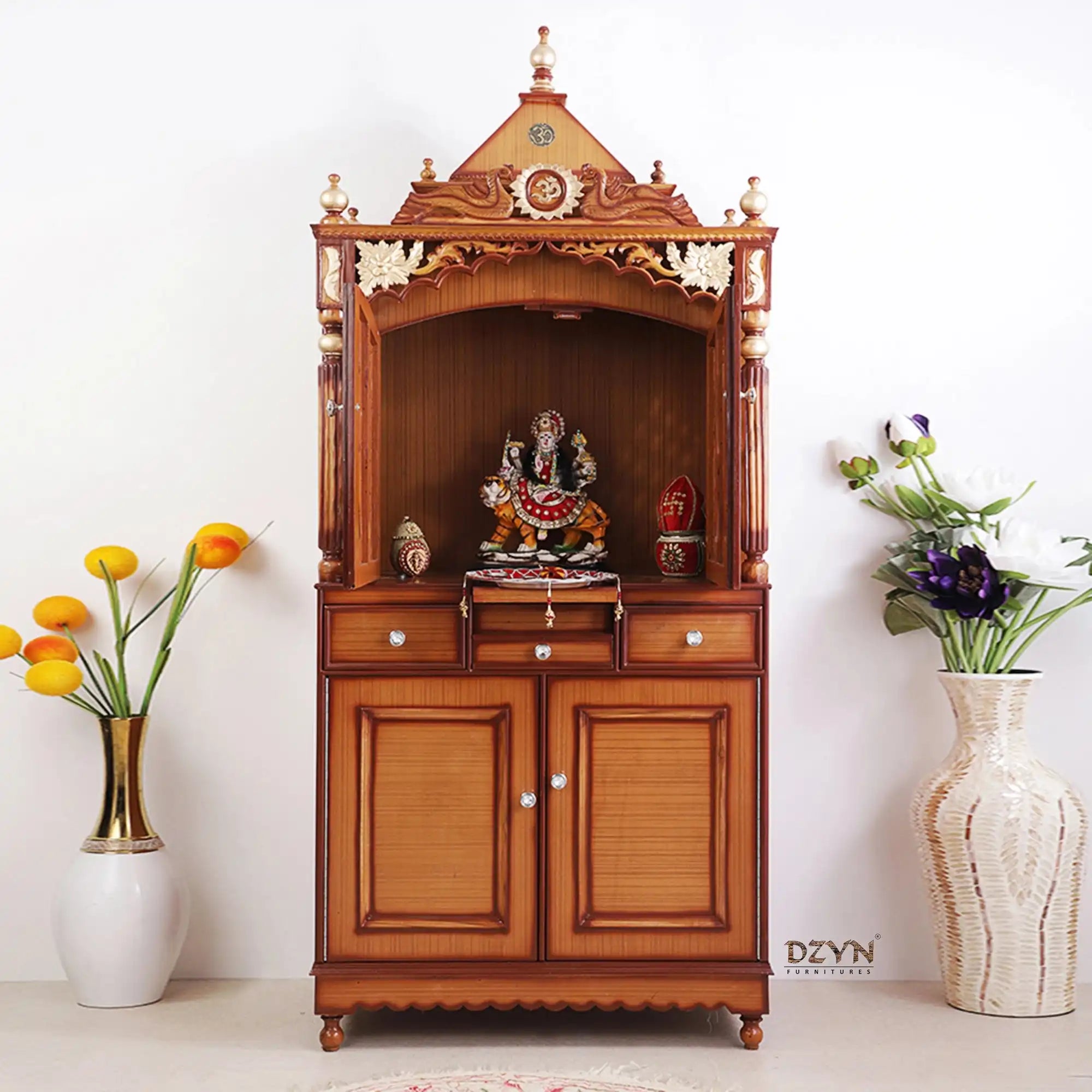 Pooja Graham Large Floor Rested Pooja Mandap with Door (Teak Gold) lifestyle view