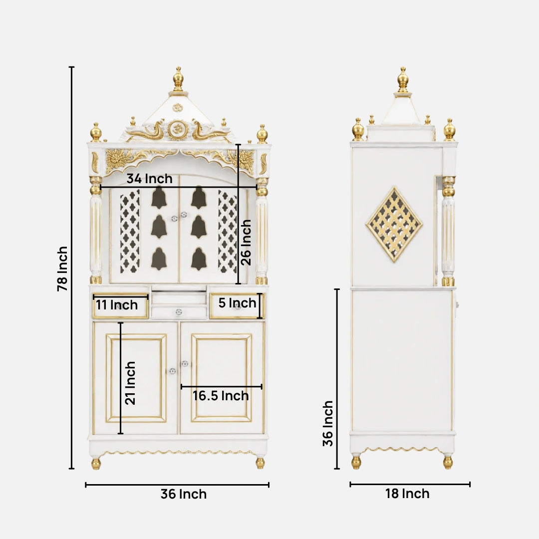 Pooja Graham Large Floor Rested Pooja Mandap with Door (White Gold) Dimensions
