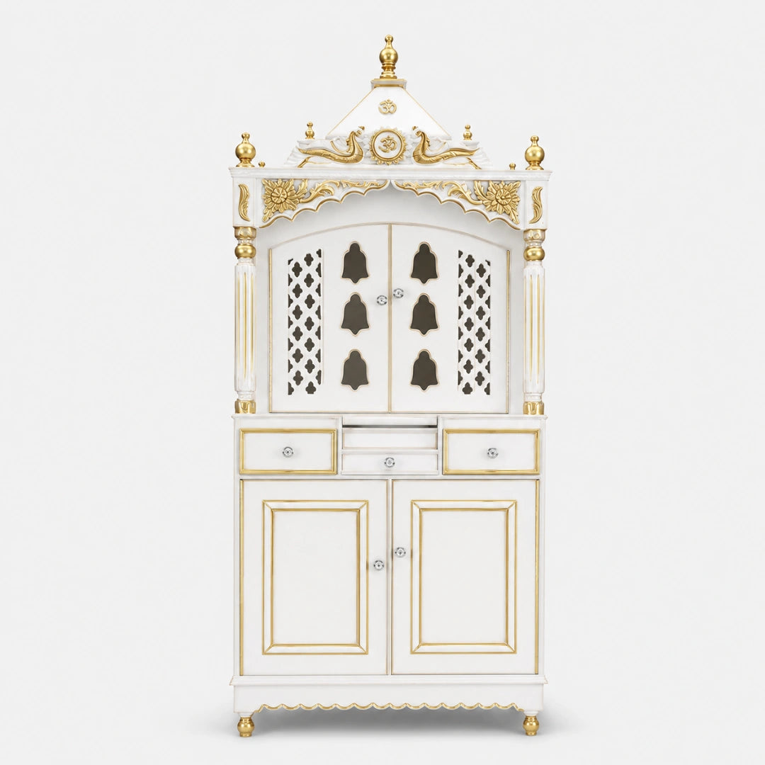 Pooja Graham Large Floor Rested Pooja Mandap with Door (White Gold) Front View
