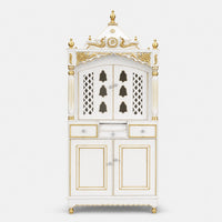 Pooja Graham Large Floor Rested Pooja Mandap with Door (White Gold) Front View