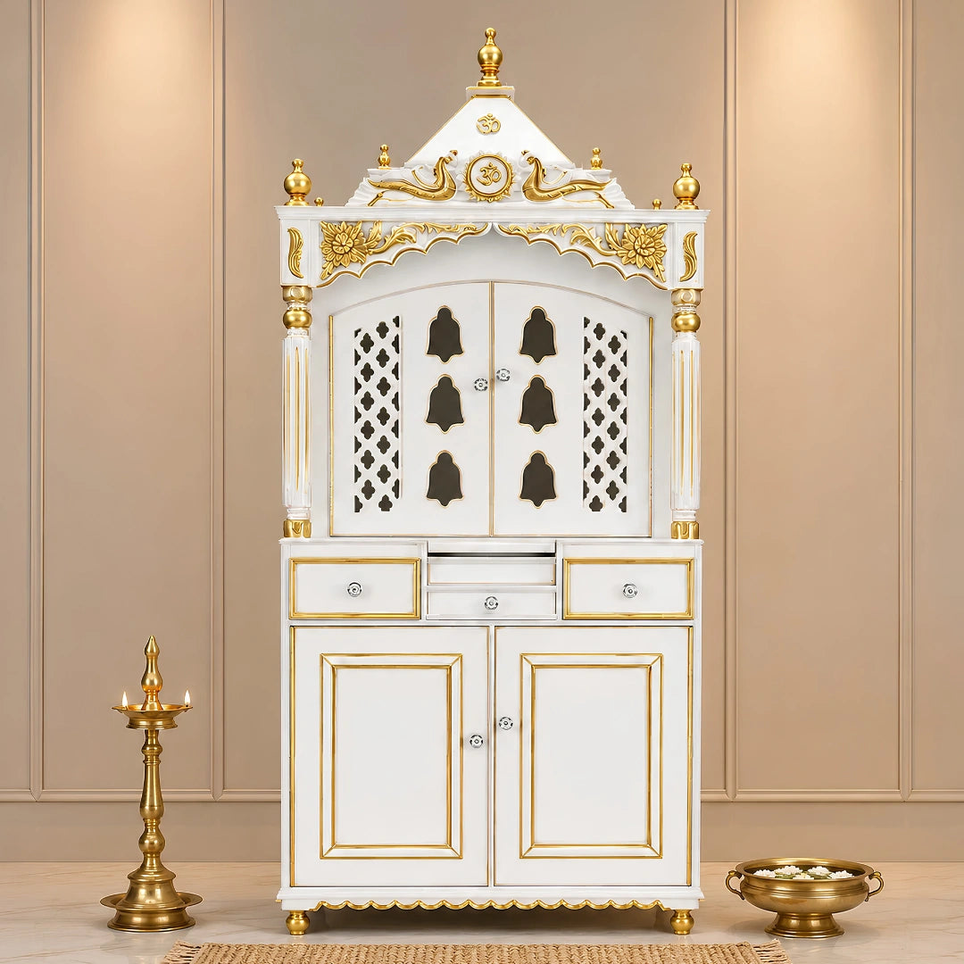 Pooja Graham Large Floor Rested Pooja Mandap with Door (White Gold) Lifestyle View