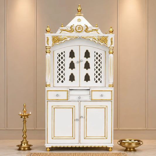 Pooja Graham Large Floor Rested Pooja Mandap with Door (White Gold) Lifestyle View