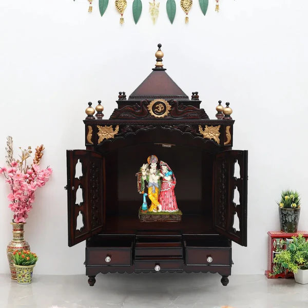 Pooja Graham Large Floor Rested Pooja Mandir with Door (Brown Gold) lifestyel view