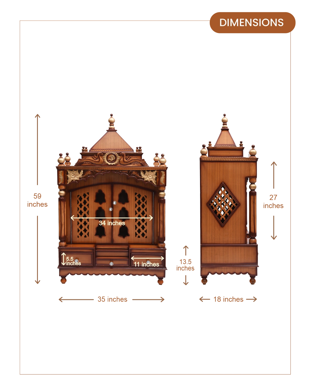 Pooja Graham Large Floor Rested Pooja Mandir with Door (Teak Gold) dimensions