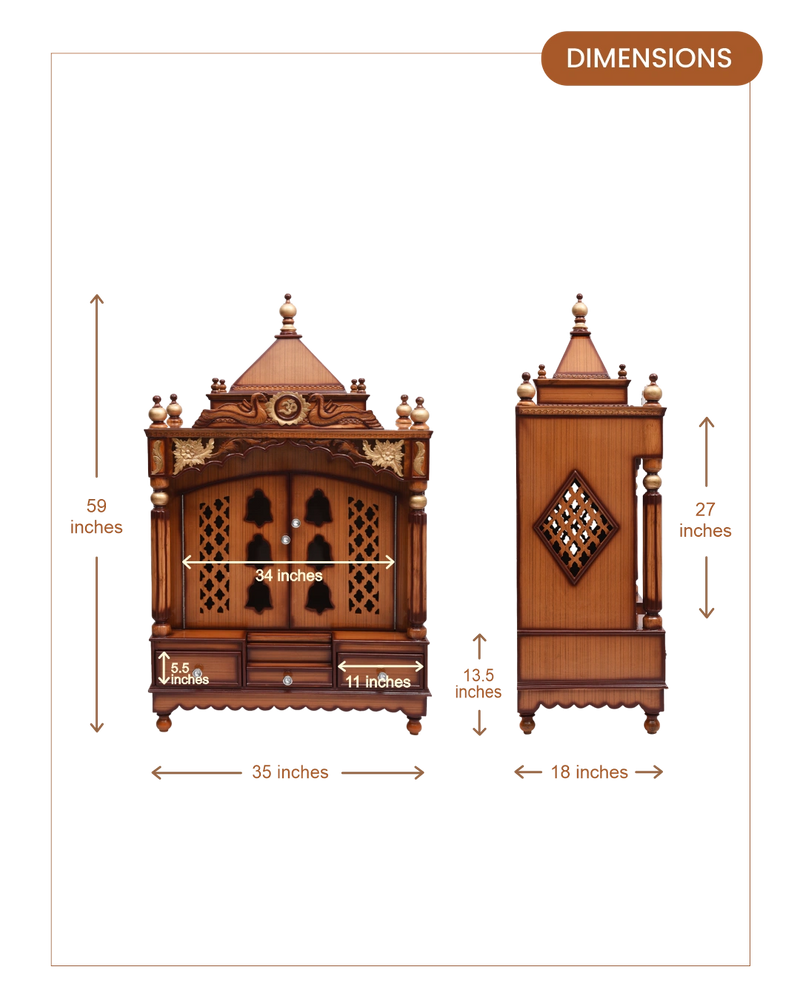 Pooja Graham Large Floor Rested Pooja Mandir with Door (Teak Gold) dimensions