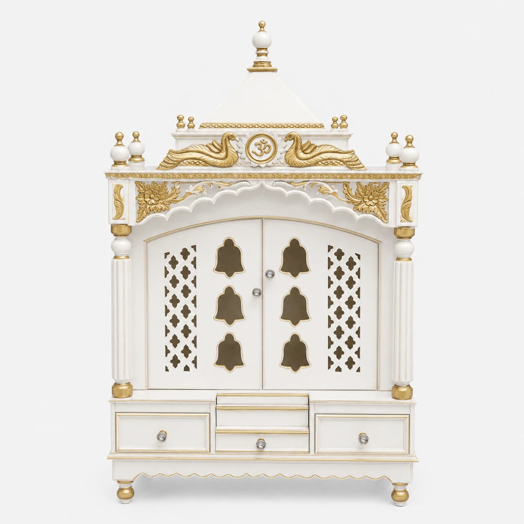 Pooja Graham Large Floor Rested Pooja Mandir with Door (White Gold) Front View