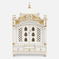 Pooja Graham Large Floor Rested Pooja Mandir with Door (White Gold) Front View