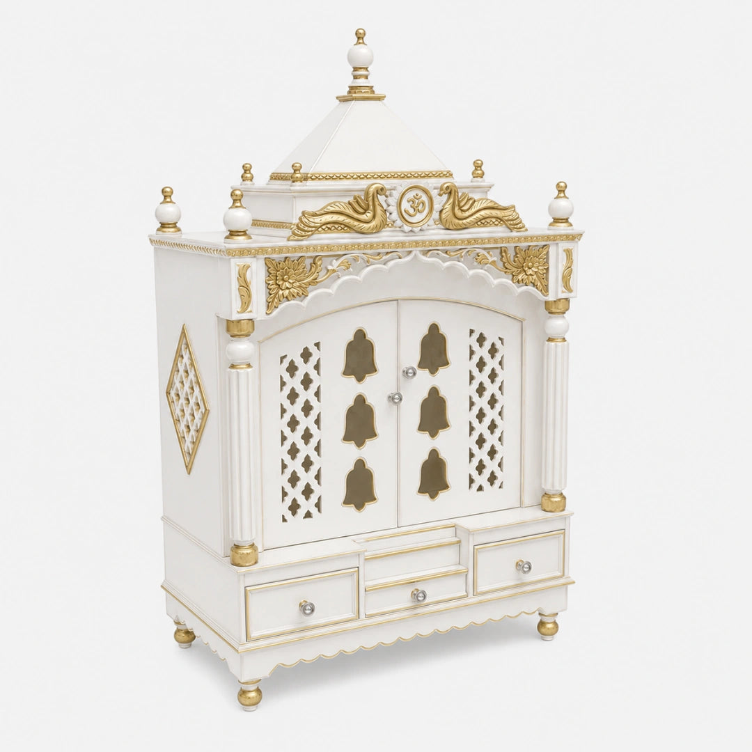 Pooja Graham Large Floor Rested Pooja Mandir with Door (White Gold) Side Angle