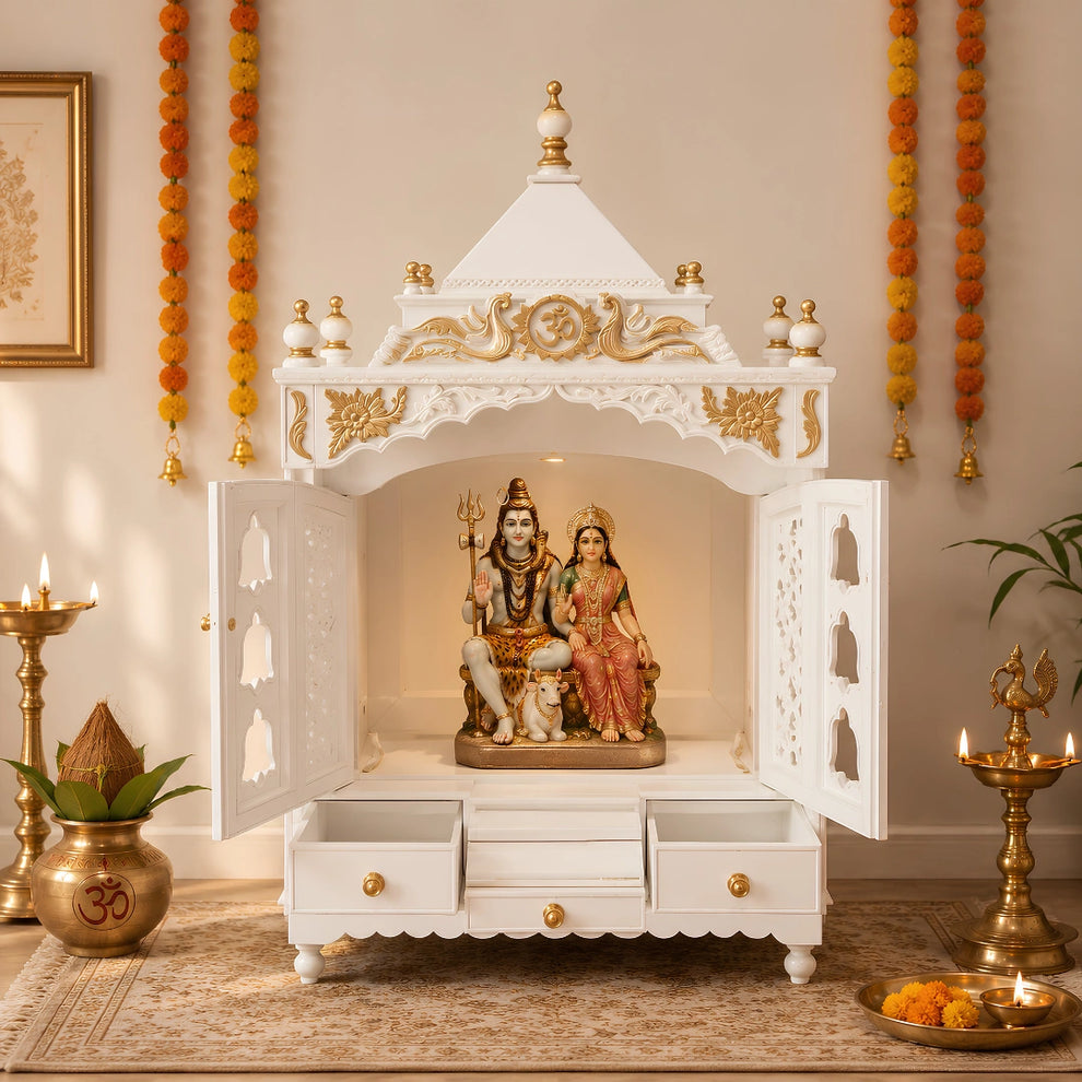 Pooja Graham Large Floor Rested Pooja Mandir with Door White Gold